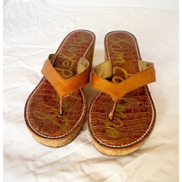 Sam Edelman Cognac Brown Crocodile Embossed Wedge Thong Sandals‎ Cork Size 7.5 - Picture 4 of 4